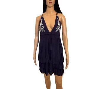 Blue Mini Sundress with Plunge Neckline and Fringe